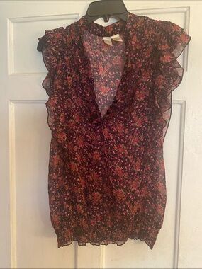 Black Sheer Floral Ruffle V-Neck Sleeveless Blouse
